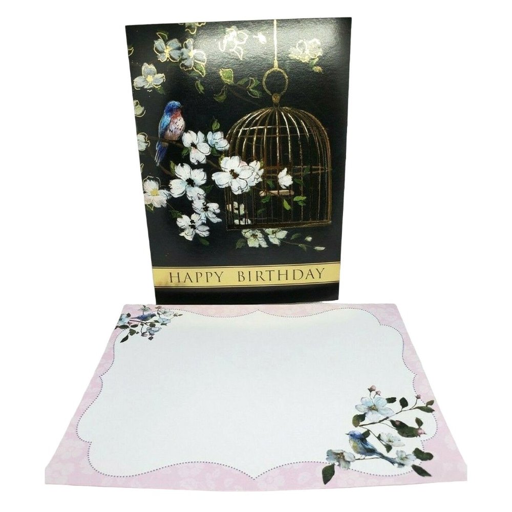Thoughts & Inspirations Black Gold Tone Cage Blue Bird Greeting Card